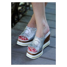 Hakiki Deri, Desenli Platform Topuklu Kadın Terlik