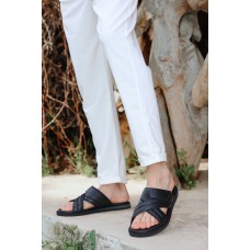 Hakiki Deri Kalın Çapraz Bantlı Ortopedik Tasarım Günlük Kullanıma Uygun Erkek Terlik